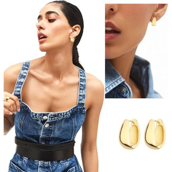 Chunky Hoop Earrings Set 14K Gold Hoop Earrings Women Hypoallergenic Thick Hoops - Picture 2 of 6